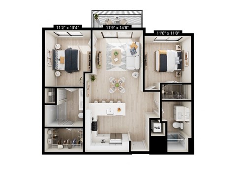 Floor plan for 2 beds, 2 baths, 1044 sqft
